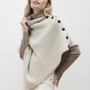 New Wool Asymmetrical Poncho Sweater Cream Tan Herringbone Made in Ireland